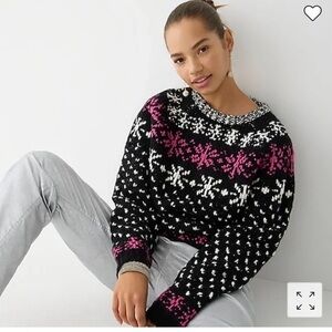 J. Crew Snowflake Crewneck Jacquard Sweater Pullover Black White pink large *U